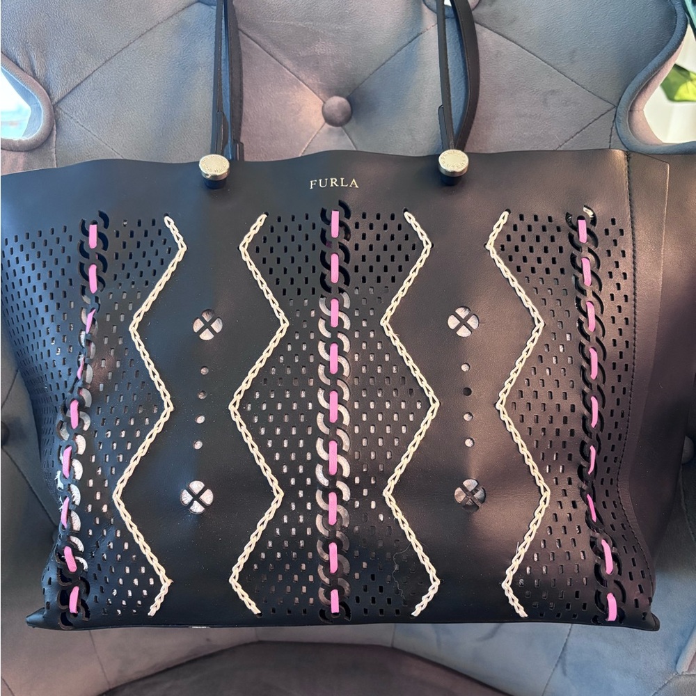 Furla Black and Pink Perforated Tote
